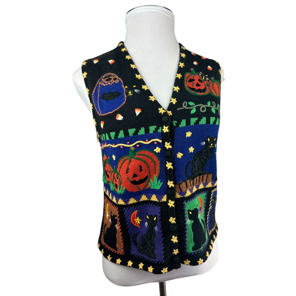 Hampshire Studio BOO! Halloween Sweater Vest Embroidered Pumpkin Black Cat M - Picture 14 of 15